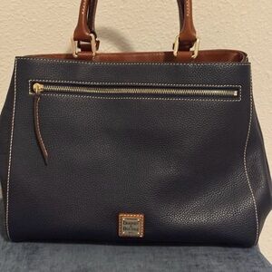 Dooney & Bourke Navy Pebbled Leather Satchel with Brown Trim